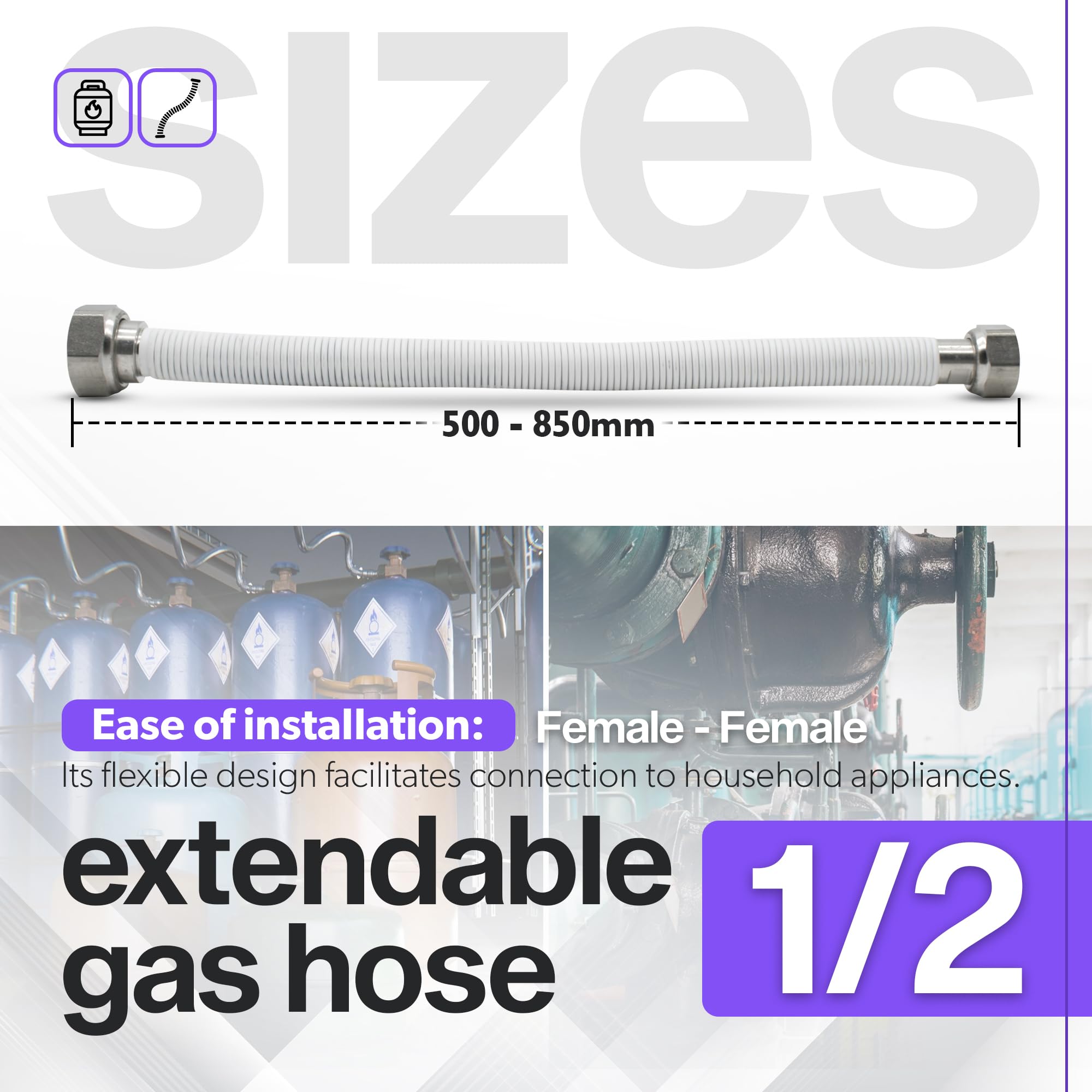 DOJA Barcelona | Latiguillos Extensible Gas | H-H | 1/2 | 500-850mm | Pack 1 | Latiguillo Gas Natural, Latiguillo de Gas Butano/Propano para Estufa, calentador de Agua, Secador