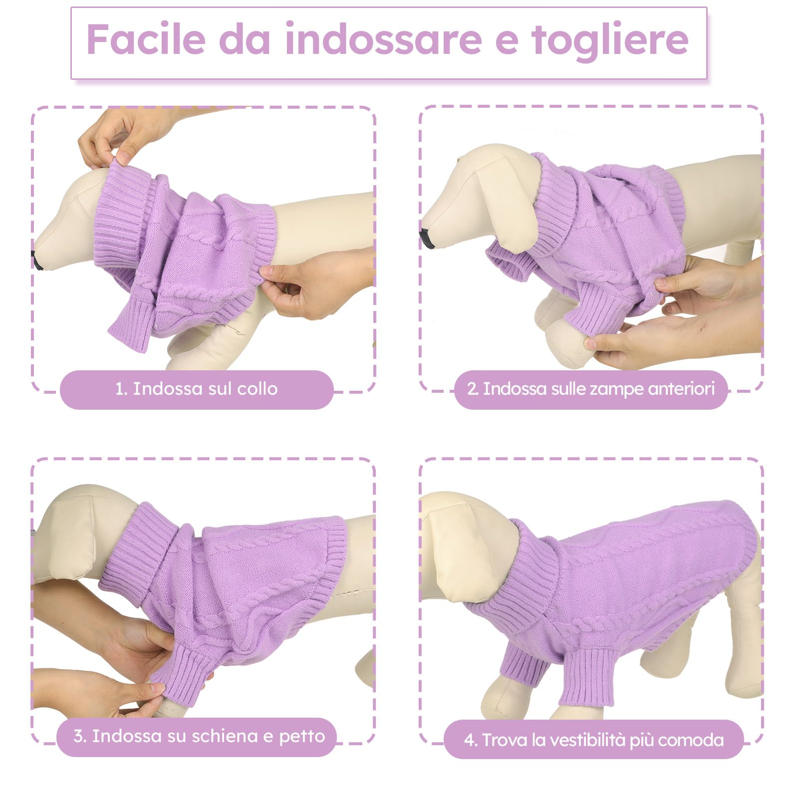 Queenmore Maglioncino Cane Taglia Grande Maglione Cane Bassotto Caldo Felpa Cane A Collo Alto Ritorto Vestiti per Cani Gatti Maglione Elastico per Bulldog Francese Barboncino Chihuahua, Lilla, L
