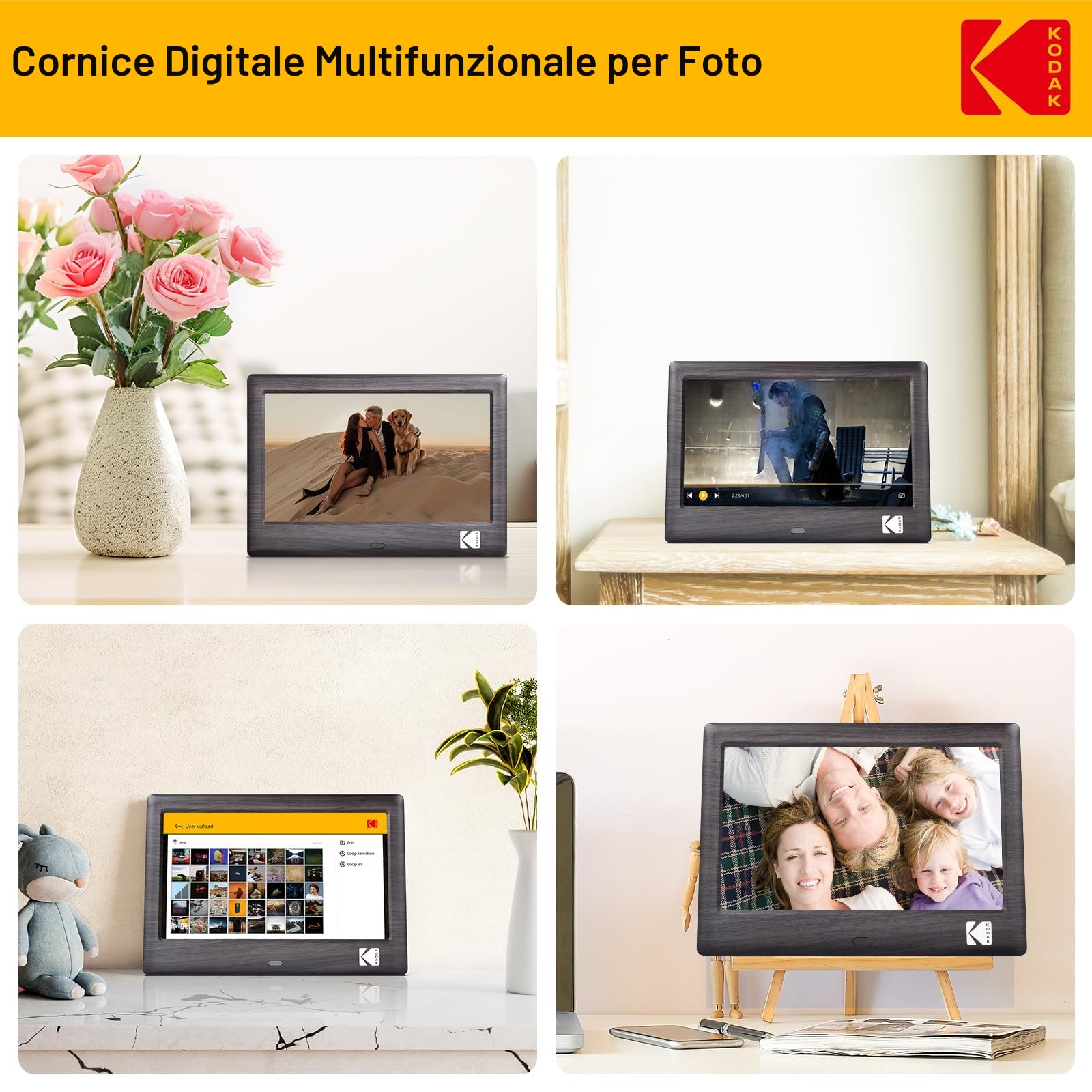 KODAK 7 pollici Cornice Digitale, cornice elettronica, schermo IPS, foto/musica/lettore video, calendario/allarme, supporto USB o scheda SD, rotazione automatica, con telecomando