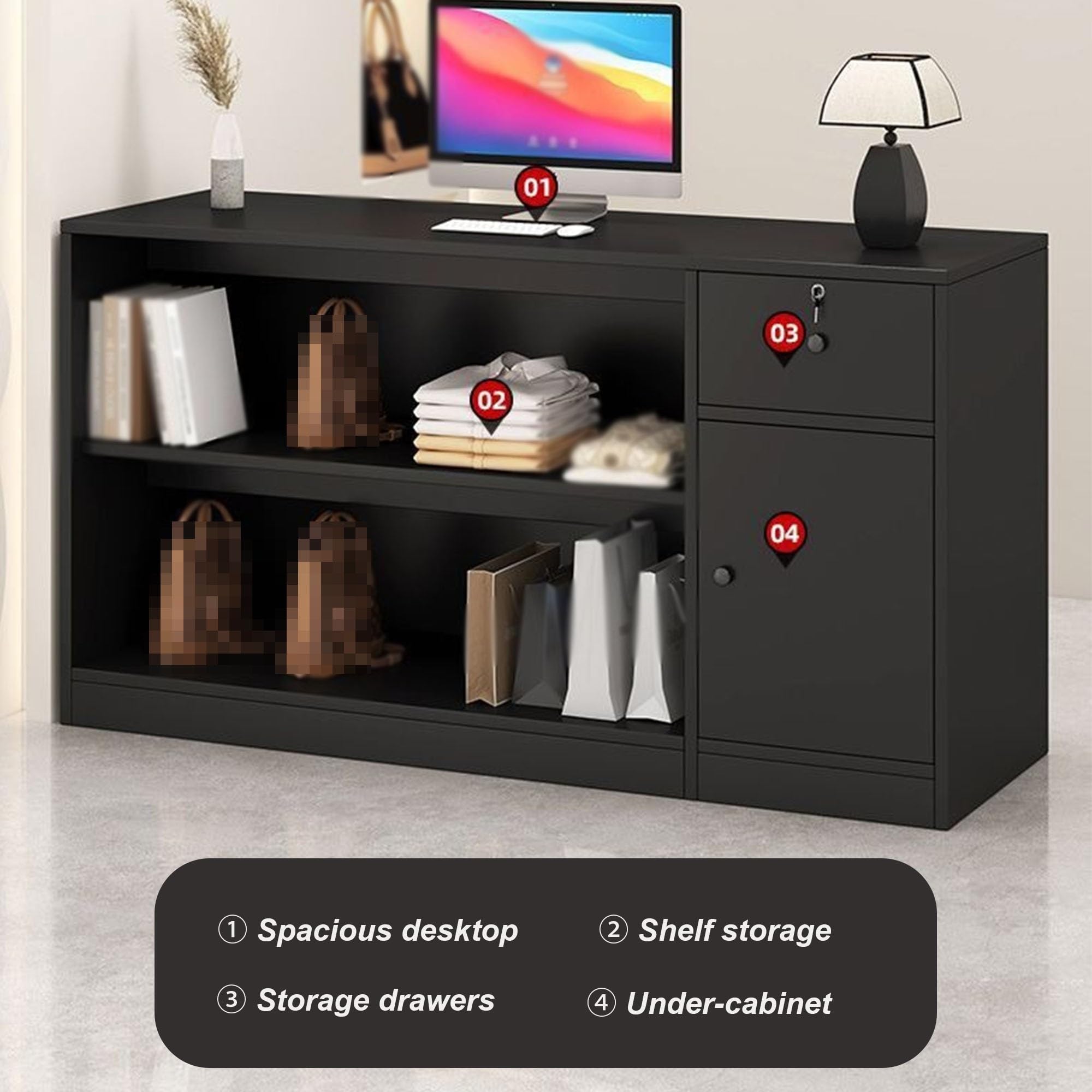 Mostrador Recepción con Almacenaje, Cajón con Llave, Negro Mate(B,100cm)