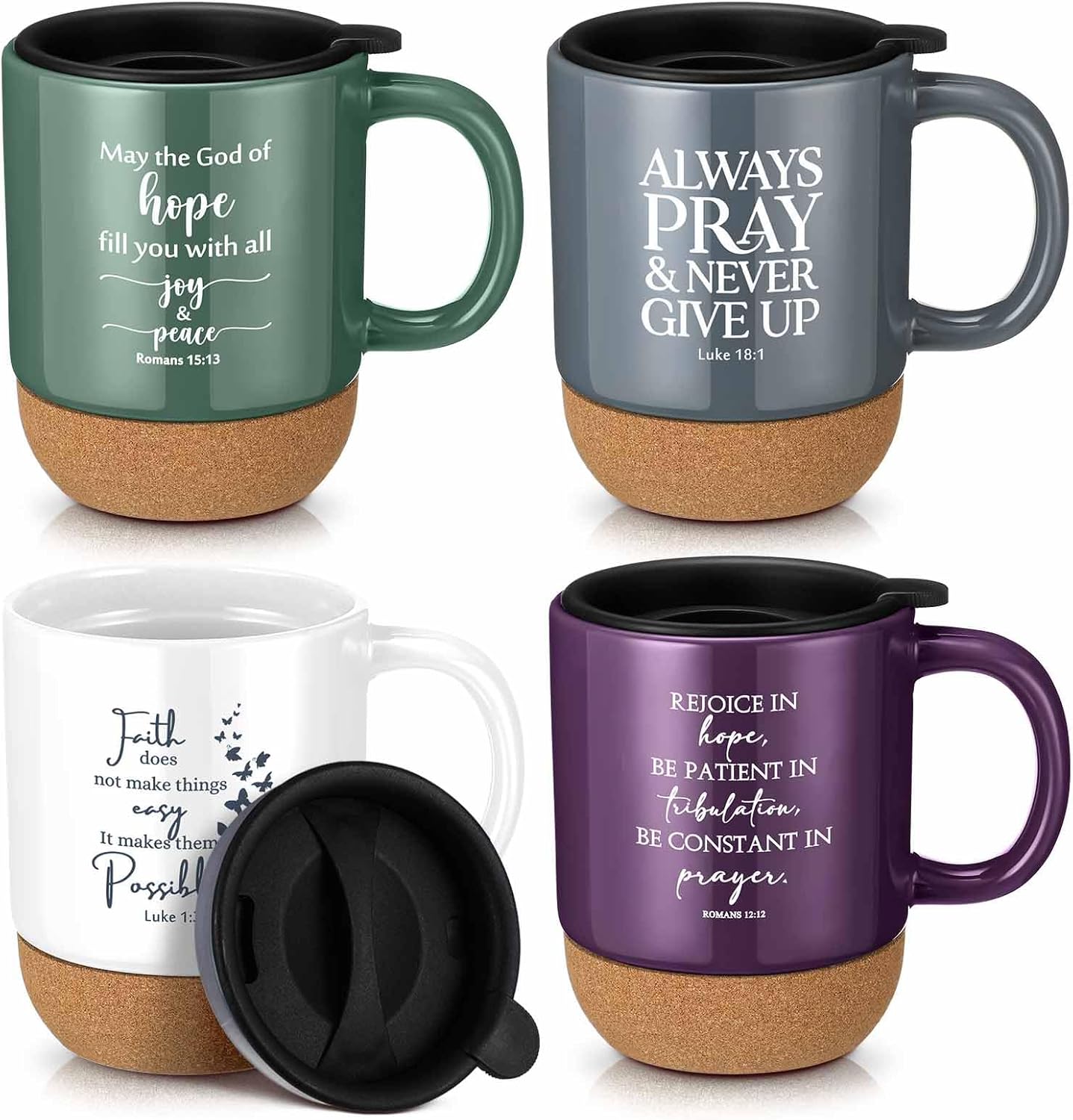 4 Pcs Christian Coffee Mug 15 oz Inspirational Bible Verses Cup with Cork Bottom Religious Mugs Easter Gift for Book Lover Women Men Sunday School Church Pastor Clergy