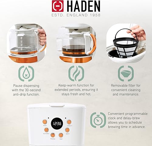 Miniatura 3 de Haden Heritage - Tostadora de acero inoxidable con ranura ancha de 2 rebanadas con 12 tazas de café programable por goteo, cafetera de café, marfil