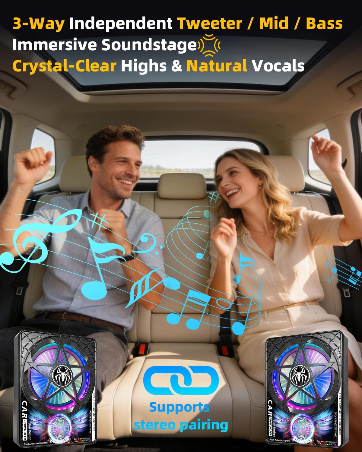 3000W AI 3-Way Under Seat Subwoofer with Amp, Slim Powered Car Subwoofer 20Hz–22kHz Full Range, Built-in Amplifier Plug and Play Sub and Amp Combo for Car Truck SUV