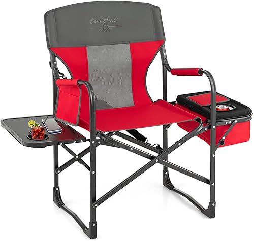COSTWAY Silla de camping plegable, silla de director resistente que soporta 400 libras para adultos con mesa auxiliar, bolsa de refrigeración,