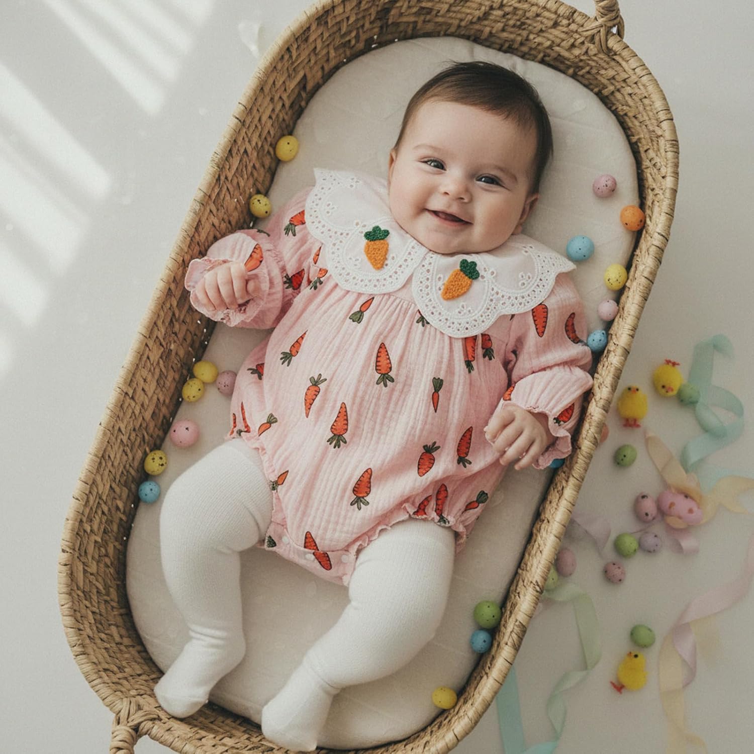 Amiblvowa Easter Outfit Baby Girl Carrot Bubble Romper Peter Pan Collar Bodysuit Infant Newborn Cute Easter Day Clothes Gifts - Image 2