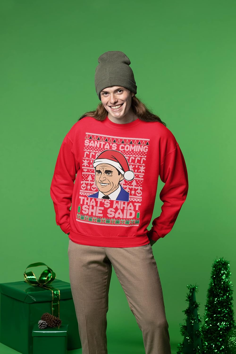 Wild Bobby Santas Coming That's What She Said Michael Scott Ugly Christmas Sweater Unisex Crewneck Graphic Sweatshirt