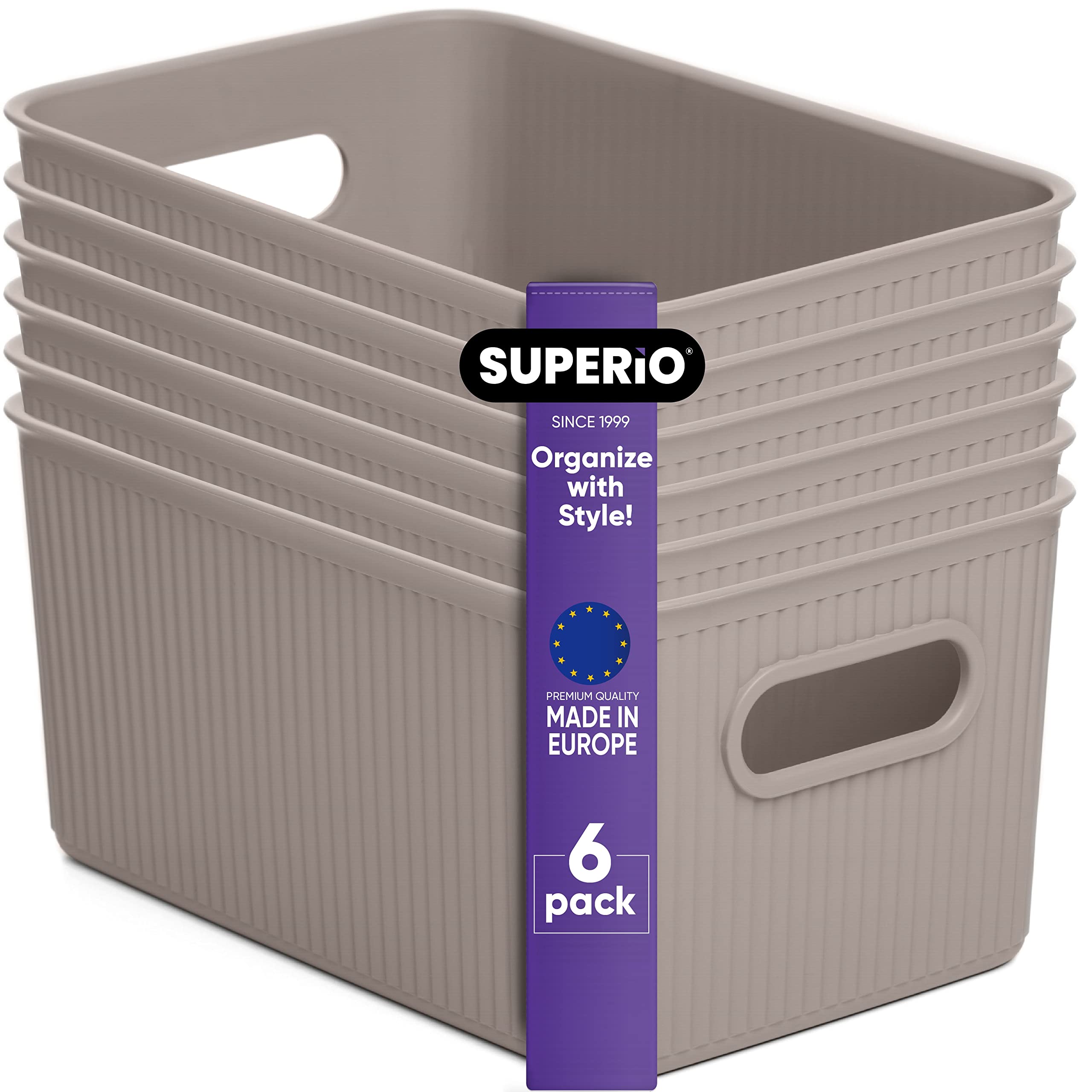 Superio Ribbed Collection - Decorative Plastic Open Home Storage Bins Organizer Baskets, Medium Taupe (6 Pack) Container Boxes for Organizing Closet Shelves Drawer Shelf 5 Liter