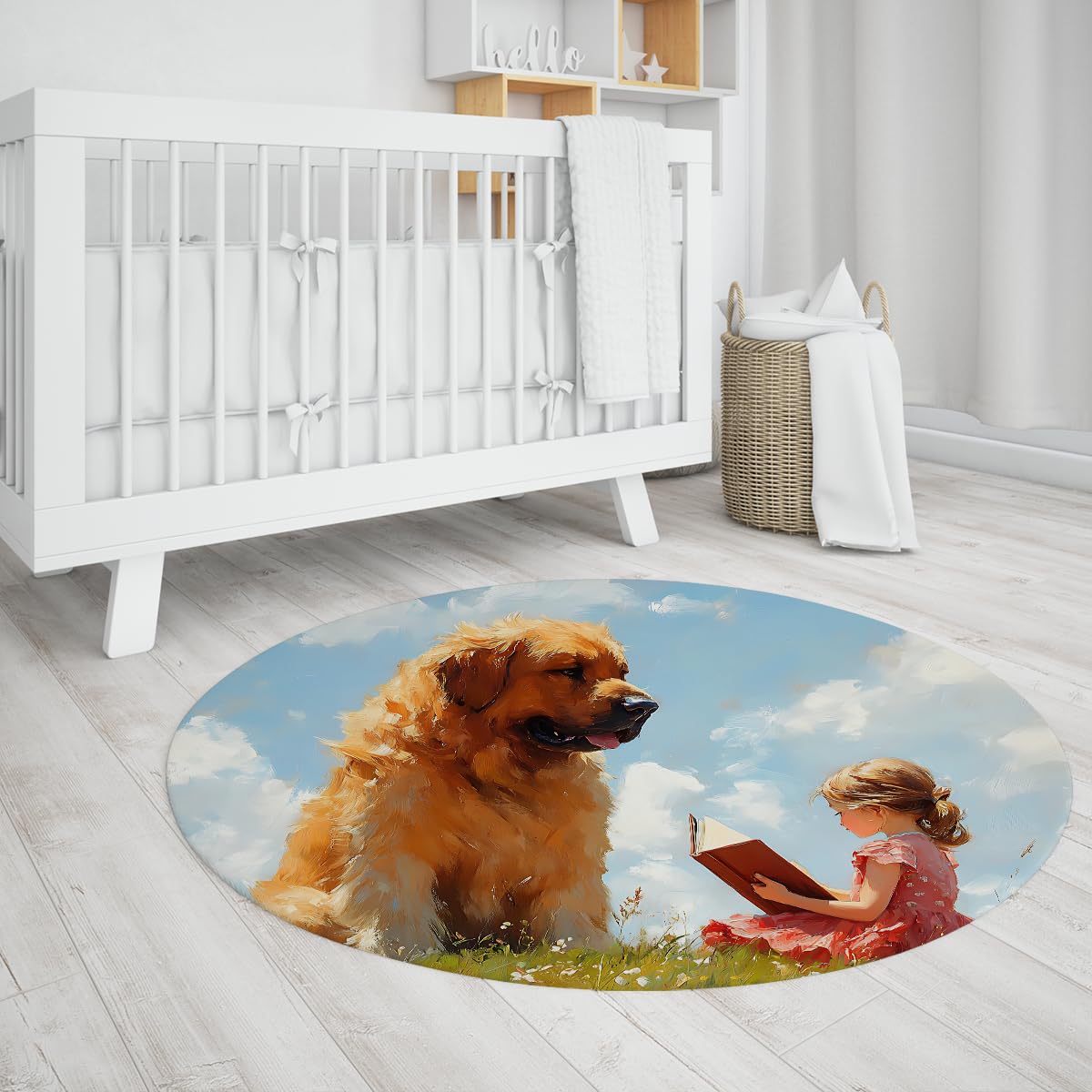 Okrągłe dywaniki Storytime 7 stóp Duży pies i dziewczyna Czytanie na łące Nadruk Dywan Niskie Włosy do salonu Sofa Gry Przyjaźń Dekoracja Podłogi