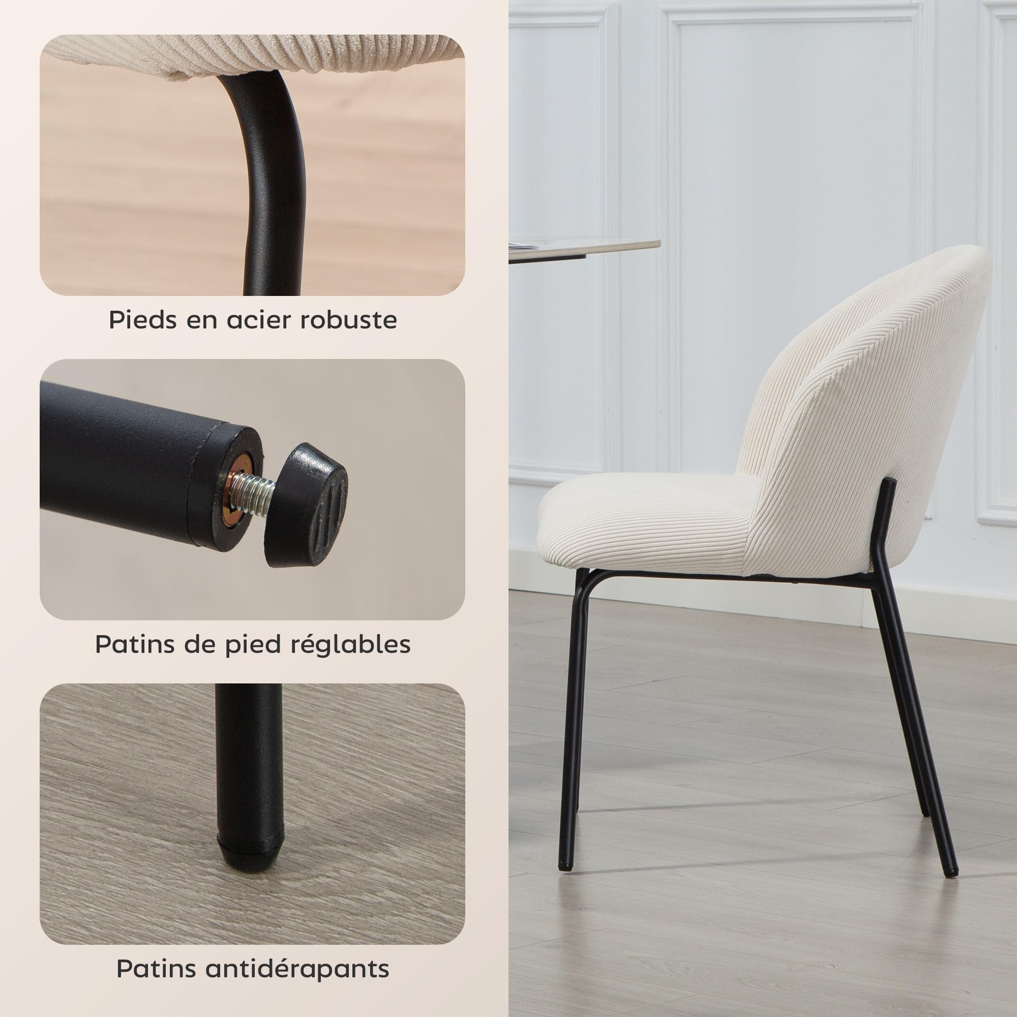 HOMCOM Lot de 2 Chaises de Salle à Manger en Velours Côtelé Cuisine Crème