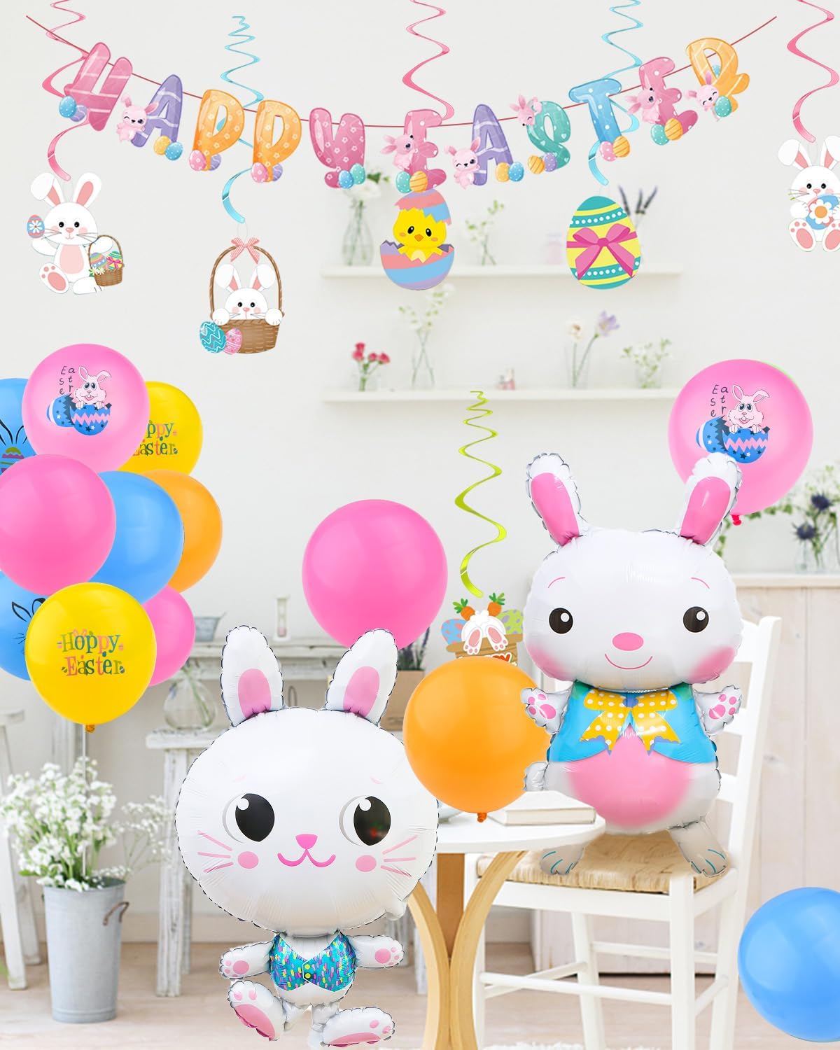 55PCS Easter Party Decorations Happy Easter Balloons Banner Kits Bunny Egg Hanging Swirl Decorations for Party Supplies