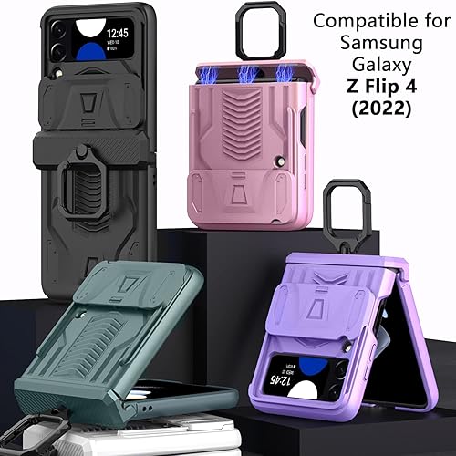Miniatura 6 de Miimall Funda compatible con Z Flip 4, Galaxy Z Flip 4, soporte de anillo magnético con bisagra, protector de lente deslizante, todo incluido,
