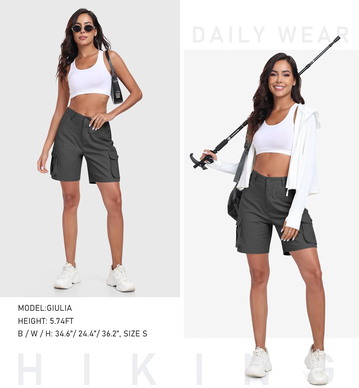 MoFiz Women's Cargo Shorts Bermuda Shorts Button Pockets Elastic Waist Knee Length Long Hiking Casual Shorts for Summer - Image 6