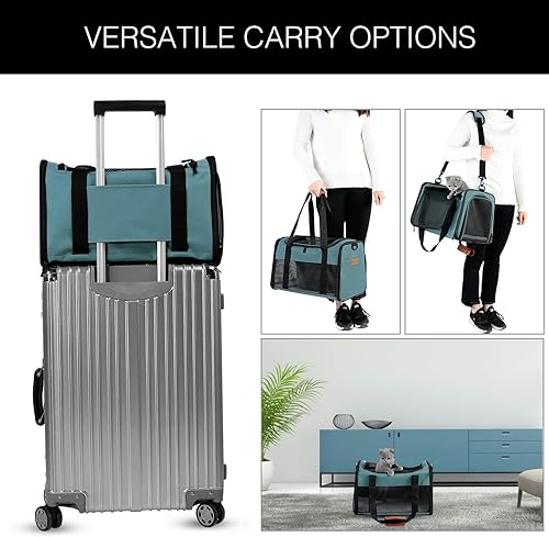 Vista 6 de X-zone Pet - Transportador de mascotas aprobado por aerolíneas, suave cara, plegable, transportador de viaje para mascotas y gatos medianos, M, Azul