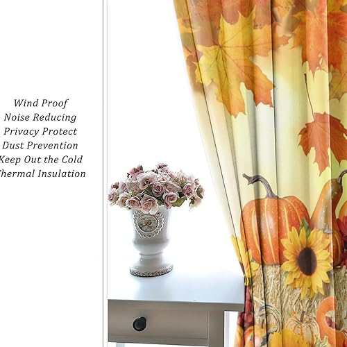 Miniatura 6 de Cortinas rústicas estilo punpkin para dormitorio, girasoles y hojas de arce, día de Acción de Gracias, aislamiento térmico, oscurecimiento de la