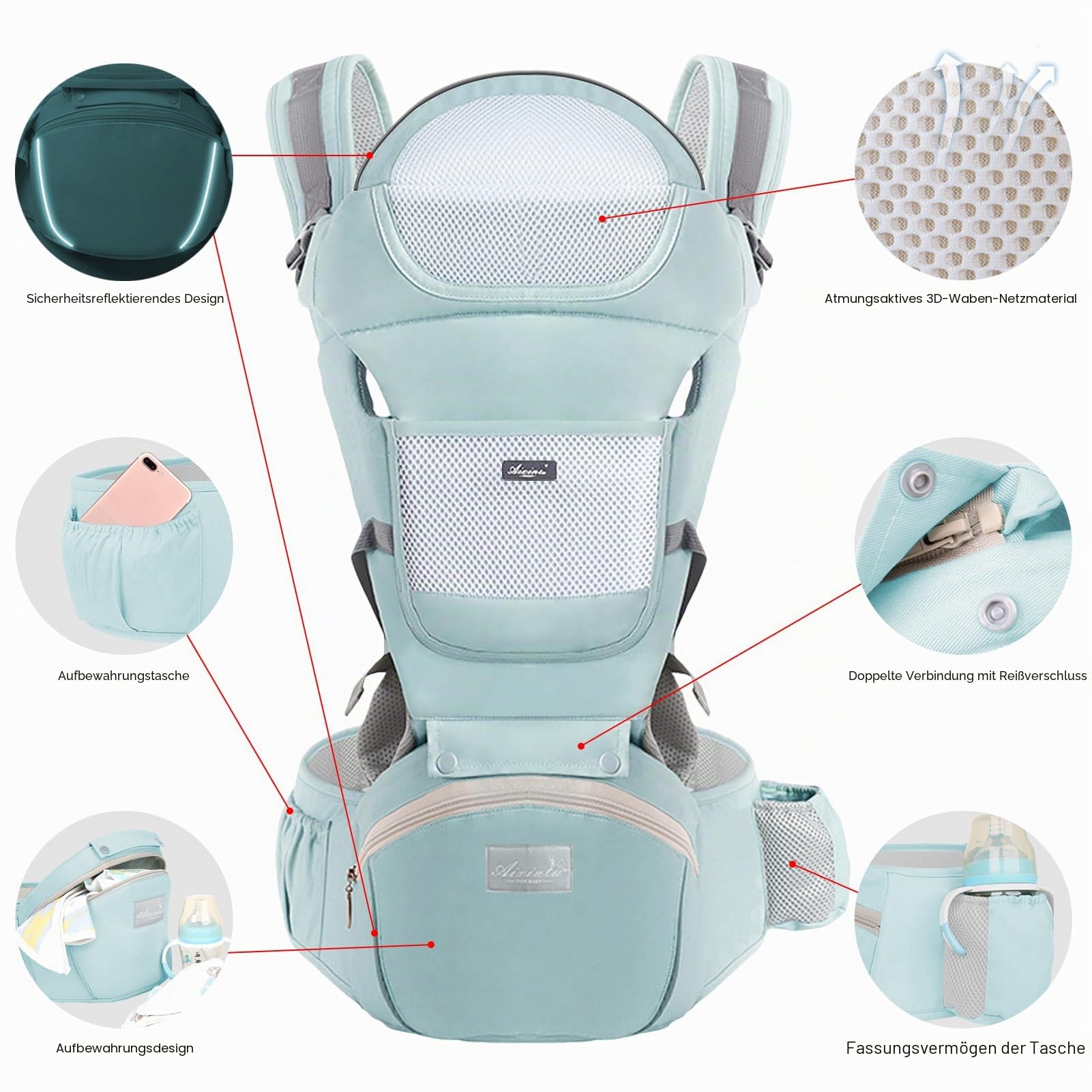 IULONEE Neugeborene Babytrage Baby Carrier Ergonomisch Babytrage mit Hüftsitz Multifunktional Kindertrage Dorsal und Ventral Babyrückentragen für Kleinkinder 3 Monate bis 3 Jahre (3-20kg) Grün