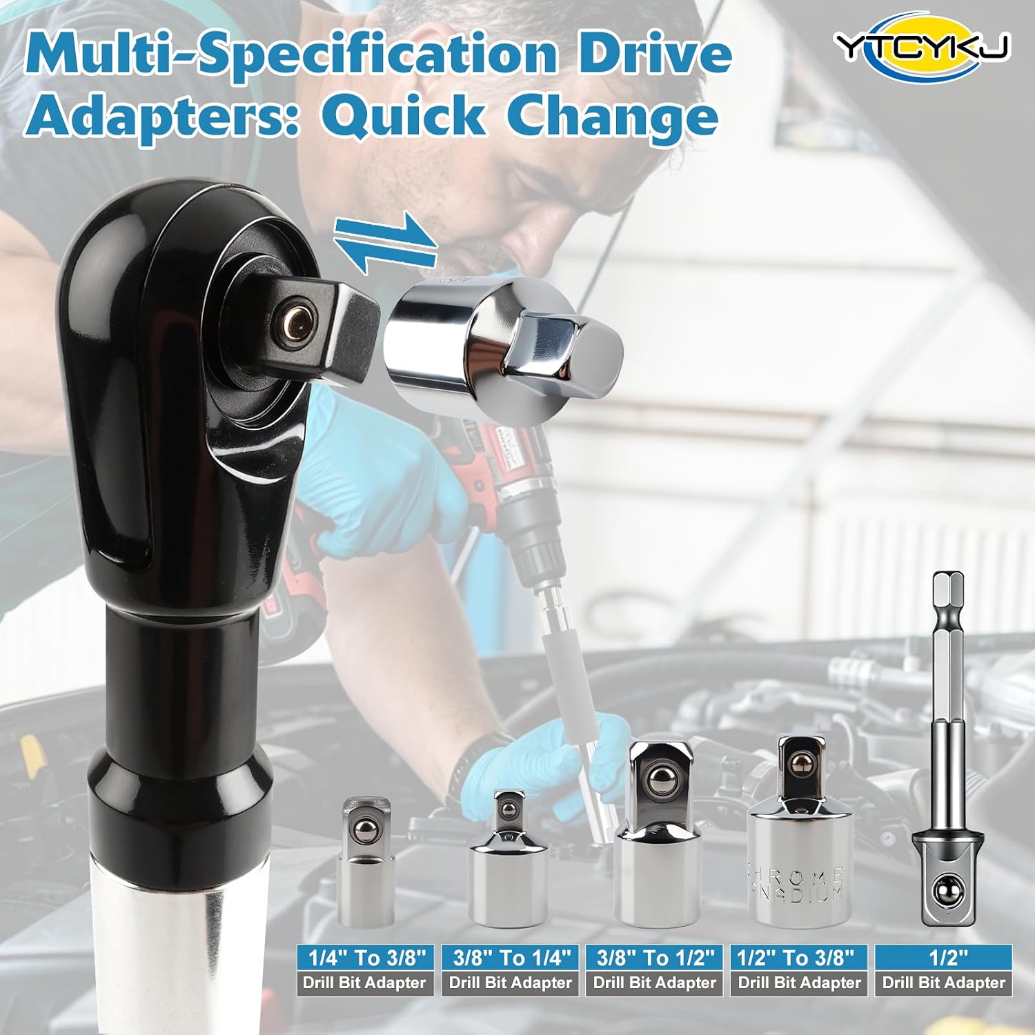 Offset Extension Wrench for Drill - 1/2" Offset Extension Wrench Impact | with Versatile 3/8", 1/4" Socket Adapters, Heavy-Duty Ratchet Extender for Tight Spaces, High Torque & Hard-to-Reach Bolts