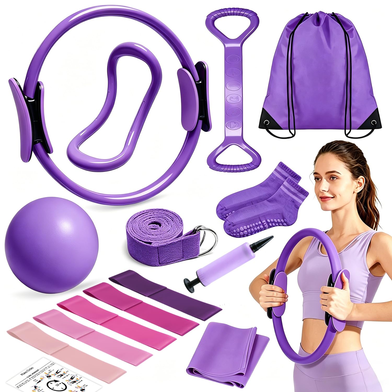 LEDSUUEI Pilates Kit, 14 Pcs Pilates Sets for Women, Pilates Equipment for home with 15" Ring, 10" Ball and Resistance Bands, Workout Equipment for Strength, Flexibility,Stability and Full Body Toning