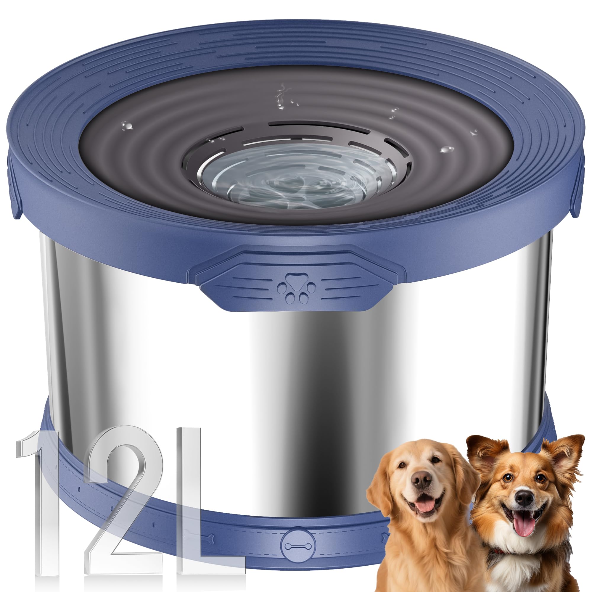 UPSKY 12L Dog Water Bowl No Spill Stainless Steel for Slow Drinking Blue