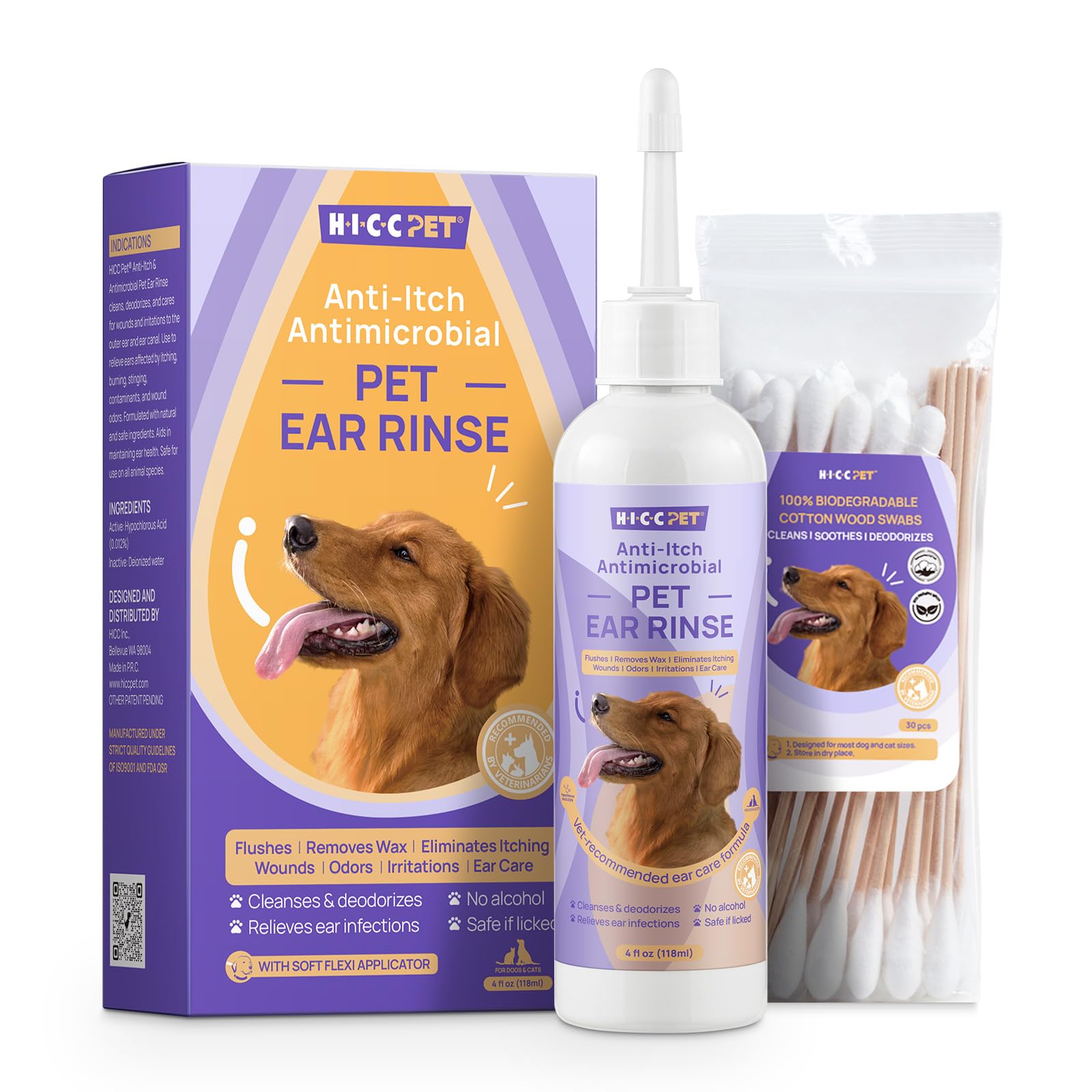 HICC PET Ohrenreiniger für Hunde & Katzen, 118 ml mit 30 Wattestäbchen | Entfernt Ohrenschmalz, Schmutz & Geruch, Milde Formel mit EDI-Wasser, Für die tägliche Pflege nach dem Baden & Spielen