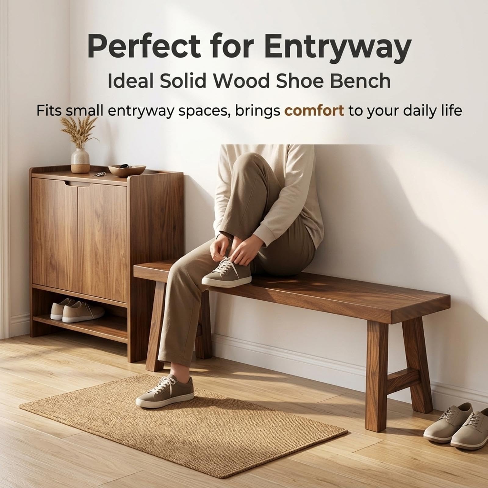 Banc d'Entrée en Bois Massif, Style Minimaliste, Banc de Lit Robuste