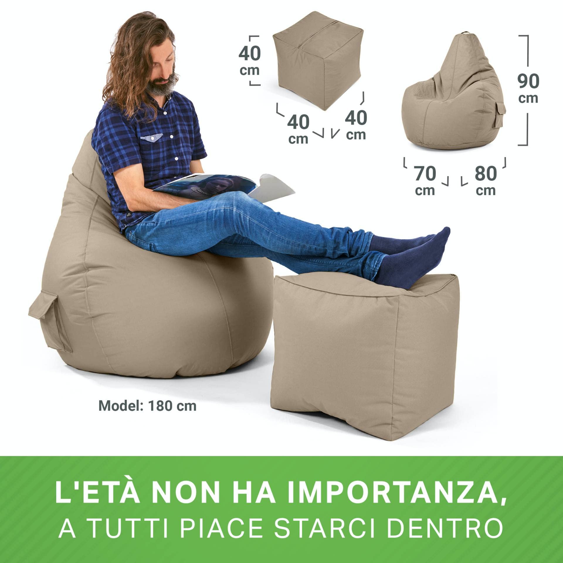 Green Bean Pouf Sacco Cozy + Sgabello Quadrato - già Riempito - Robusto