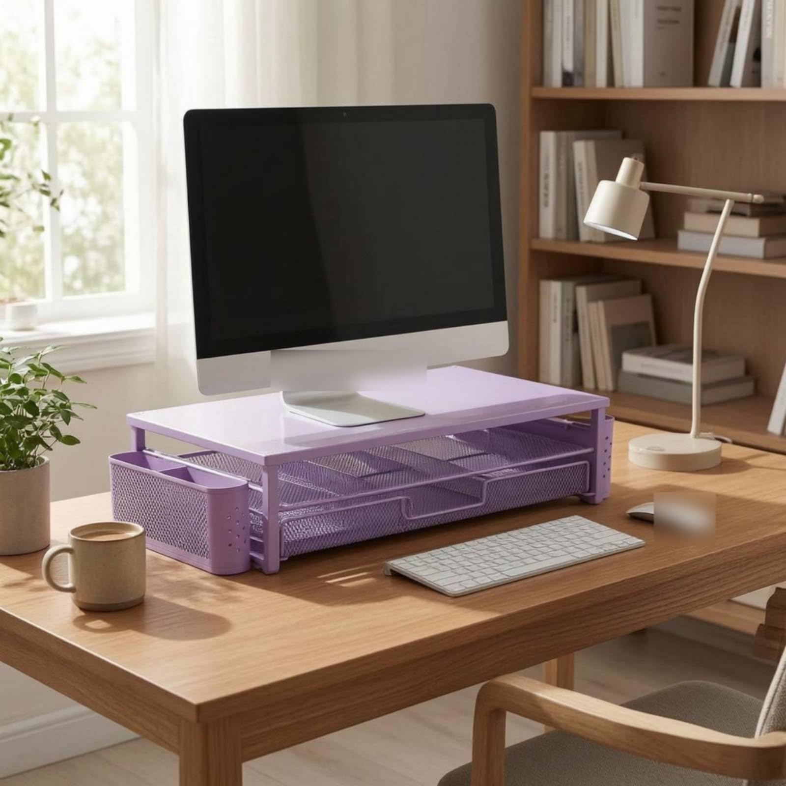 Desk Organizer Supporto Schermo Riser Mensola Scrivania Organizzatore Ufficio Struttura in Rete con Ripiano Piano E Spazio Sottostante Ordinato in Acciaio al Carbonio , Viola