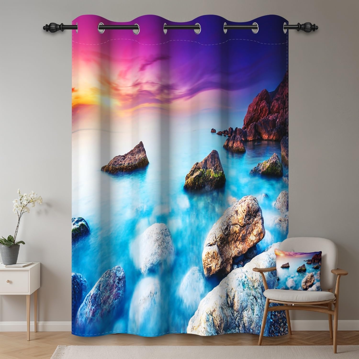 ggaimwf 42"x 63" Ocean Eyelet Curtain Blue Sea Beach Rock Sunset Fantastic Natural Scenery Nautical Theme Thermal Grommet Room Dividers Blackout Window Drapes for Bedroom Living Room,1-Single Panel - Image 2