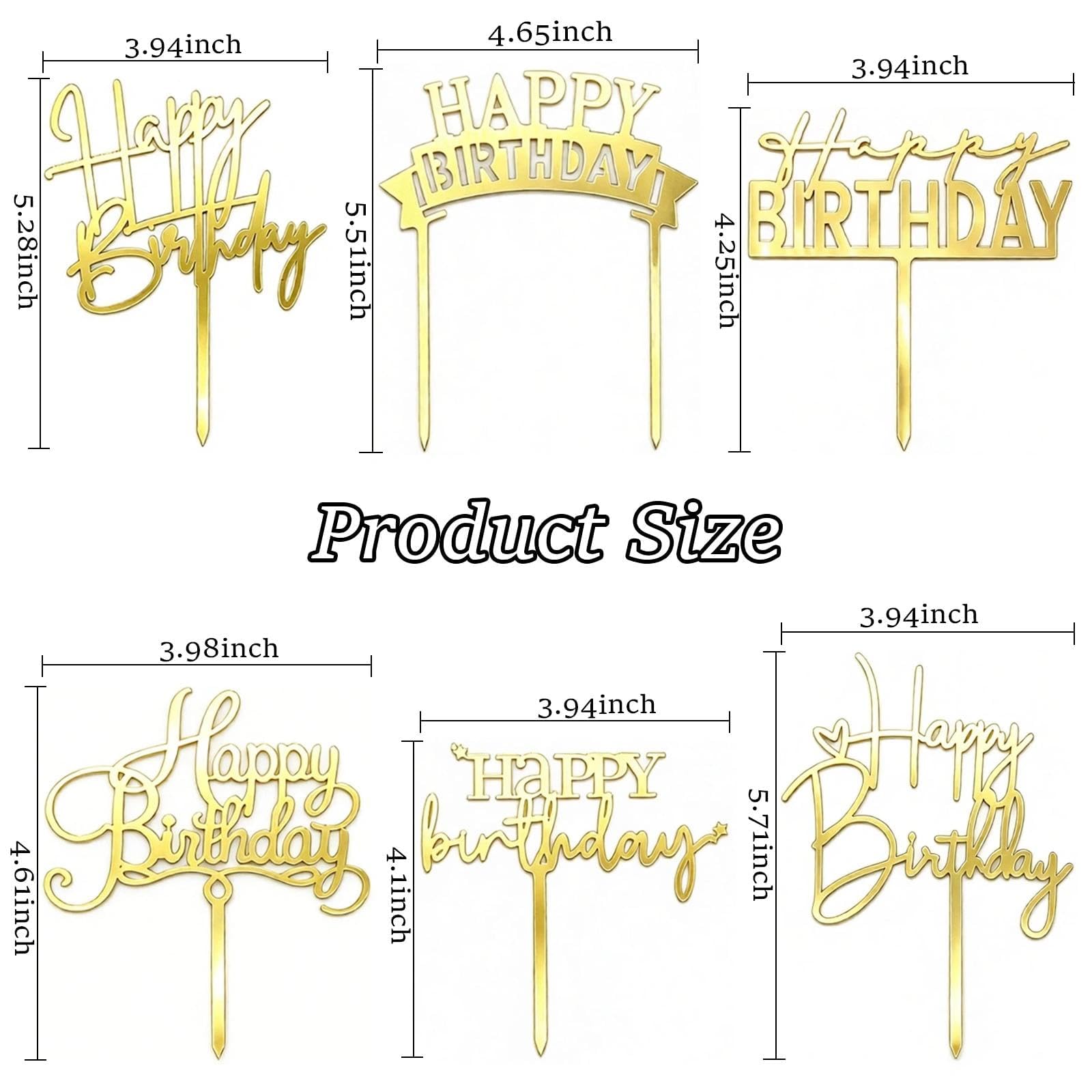 Gold Birthday Cake Toppers - 6 Pack -2 Gold Birthday Cake Toppers - 6 Pack -2
