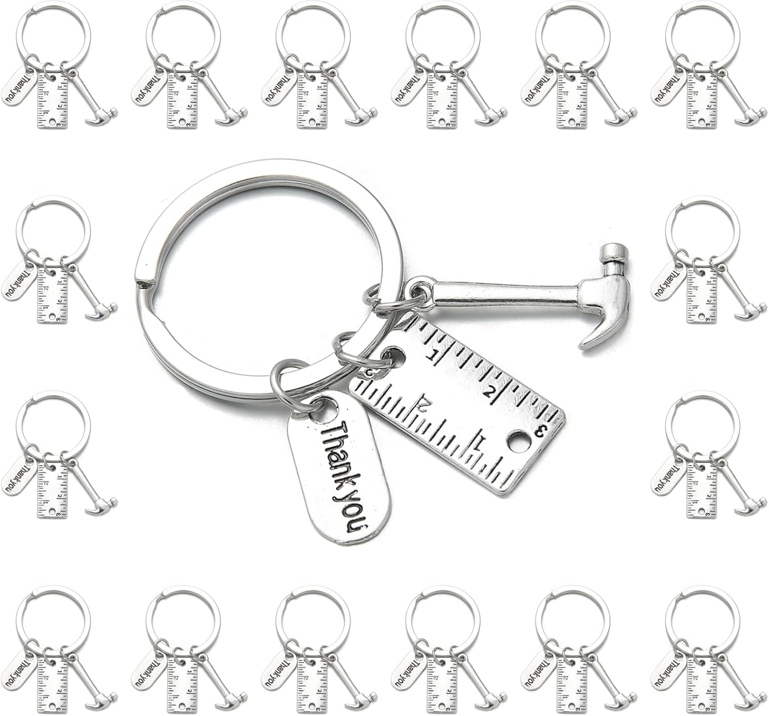 PHAETON 20PCS Toolbox Pendant Keychain Hammer & Ruler Charm Keychain with Thank You Tag for Dad, Father’s Day Birthday Gifts Builders, Construction Team, Handyman Appreciation Keyring