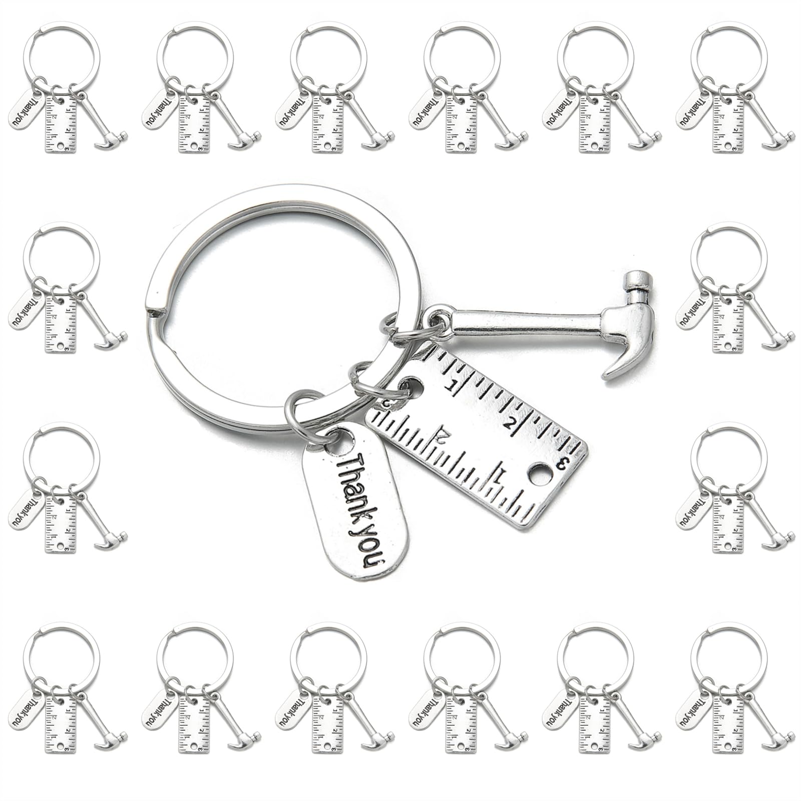 PHAETON 20PCS Toolbox Pendant Keychain Hammer & Ruler Charm Keychain with Thank You Tag for Dad, Father’s Day Birthday Gifts Builders, Construction Team, Handyman Appreciation Keyring