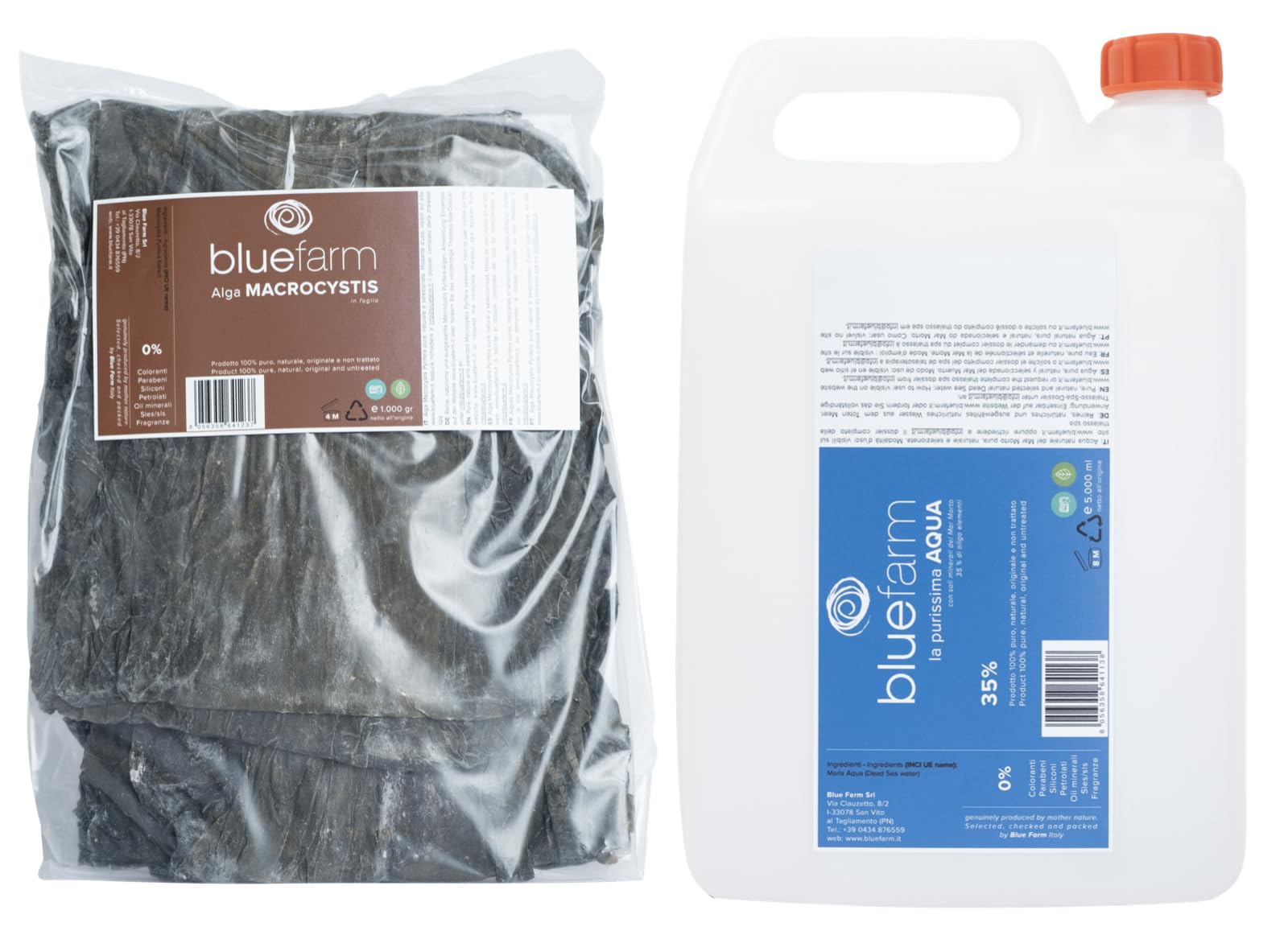 BLUE FARM | kalindra.it. Alga Macrocystis Pyrifera 100% naturale. Uso esterno 1.000 gr + 5 lt H2o Spa 35%
