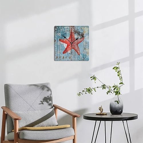 Vista 6 de Country Square Wood Decorative Wall Clock Ocean Life Starfish Wooden Arabic Numerals Clock Battery Operated Silent Non-Ticking Large Wall Clocks for