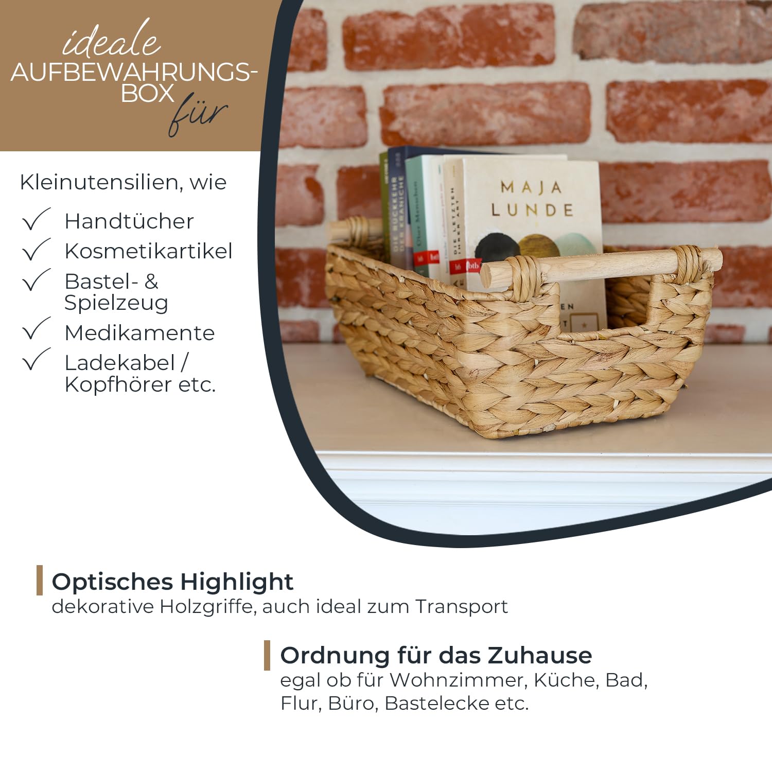 HMF Aufbewahrungskorb geflochten aus Wasserhyazinthe, dekorativer Korb mit Holzgriffen zur Aufbewahrung für Badezimmer, Wohnzimmer, Küche | 32 x 22 x 12 cm