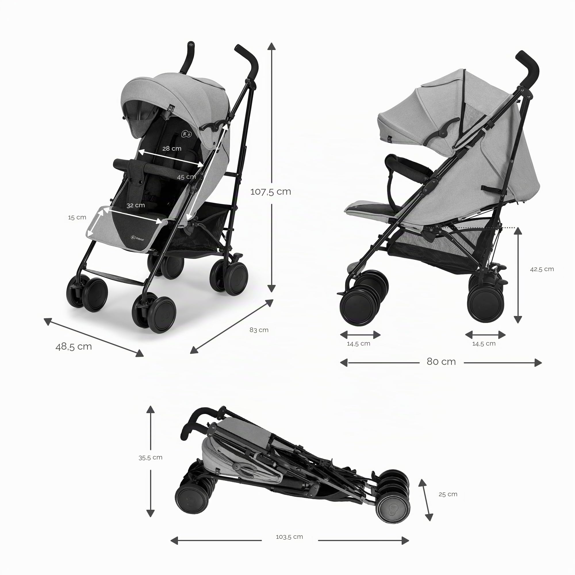 Kinderkraft Kinderwagen SIESTA, Leichte Reise Buggy, Verstellbare Rückenlehne, Liegeposition, Kleine Maße nach Zusammenklappen, Vergrößerbares Verdeck, Für ältere Kinder, bis 22 kg, Grau