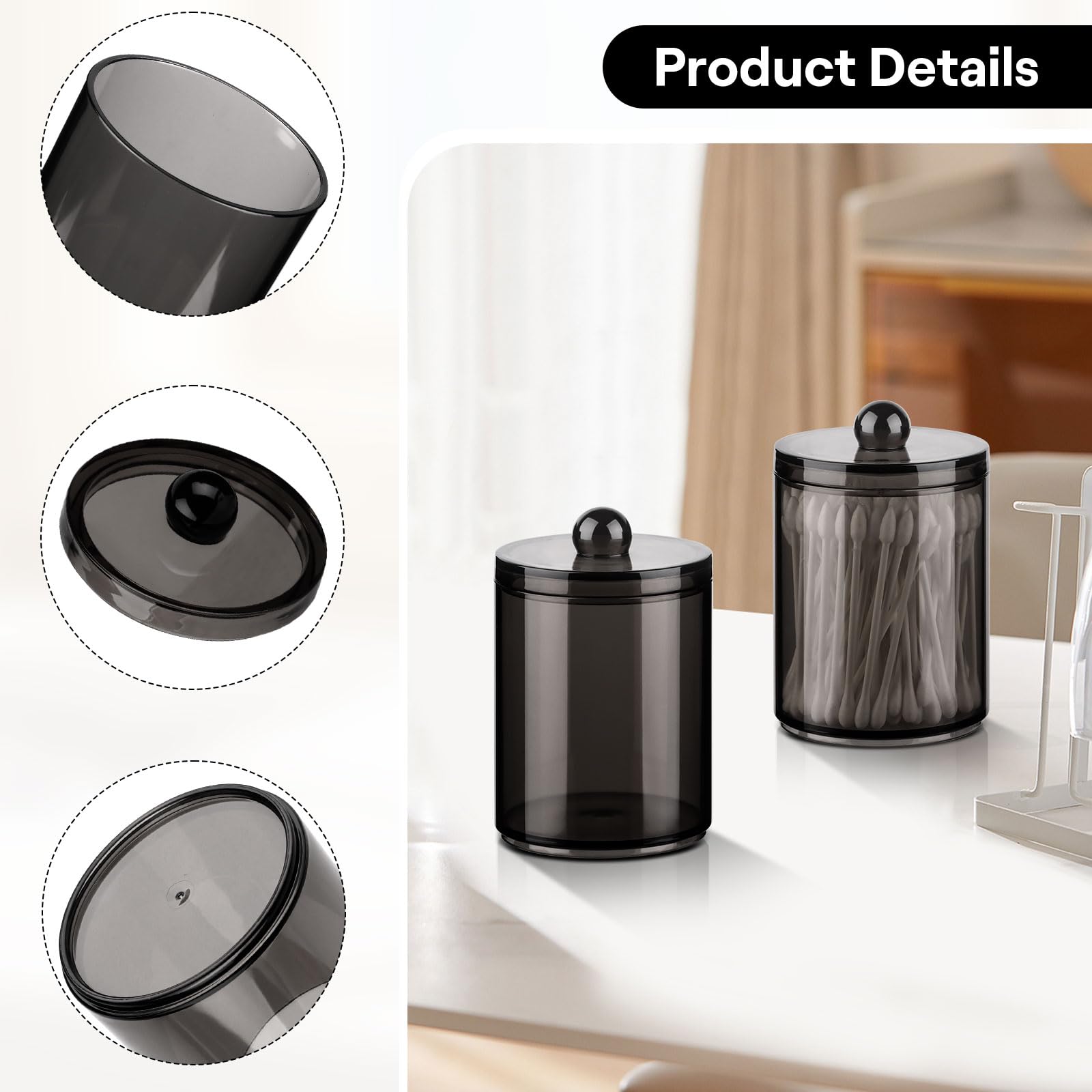 Organizador de Bastoncillos con Tapa, Caja Negro Transparente 3 Piezas para Hilo Dental, Algodón Cosmético