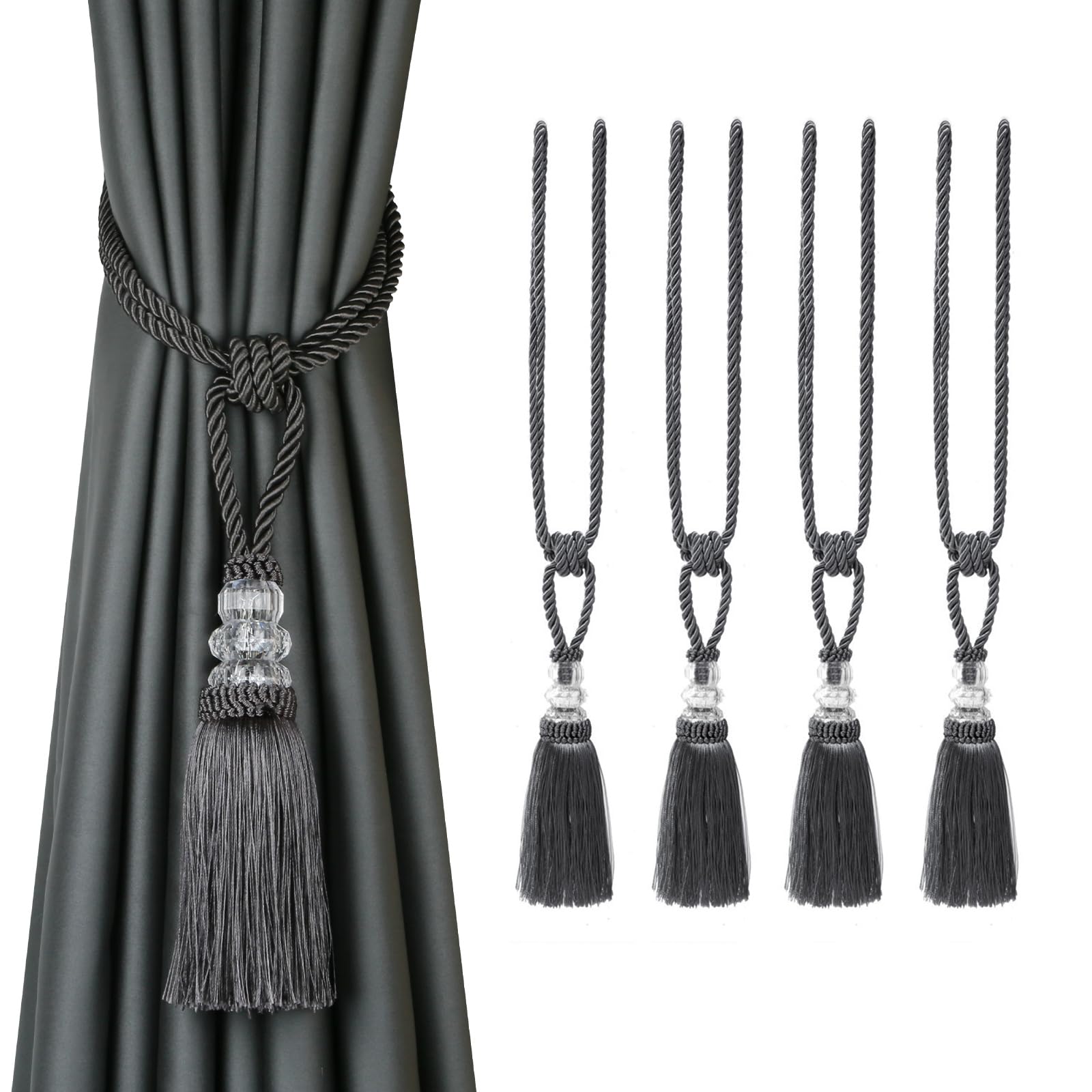 Tassel Curtain Tiebacks， Curtain Tiebacks Braided Crystal Rope 4 Pack Multicolor With Tassels(Charcoal)