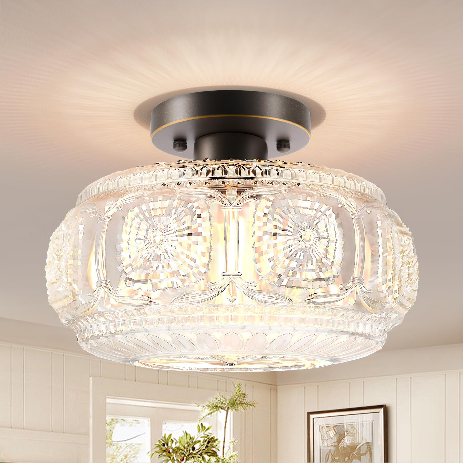 Semi Flush Mount Ceiling Light, Upgraded Larger Bronze Glass Ceiling Light Fixture, Vintage Lighting for Hallway Kitchen Bedroom Dining Room, Bulb Not Included