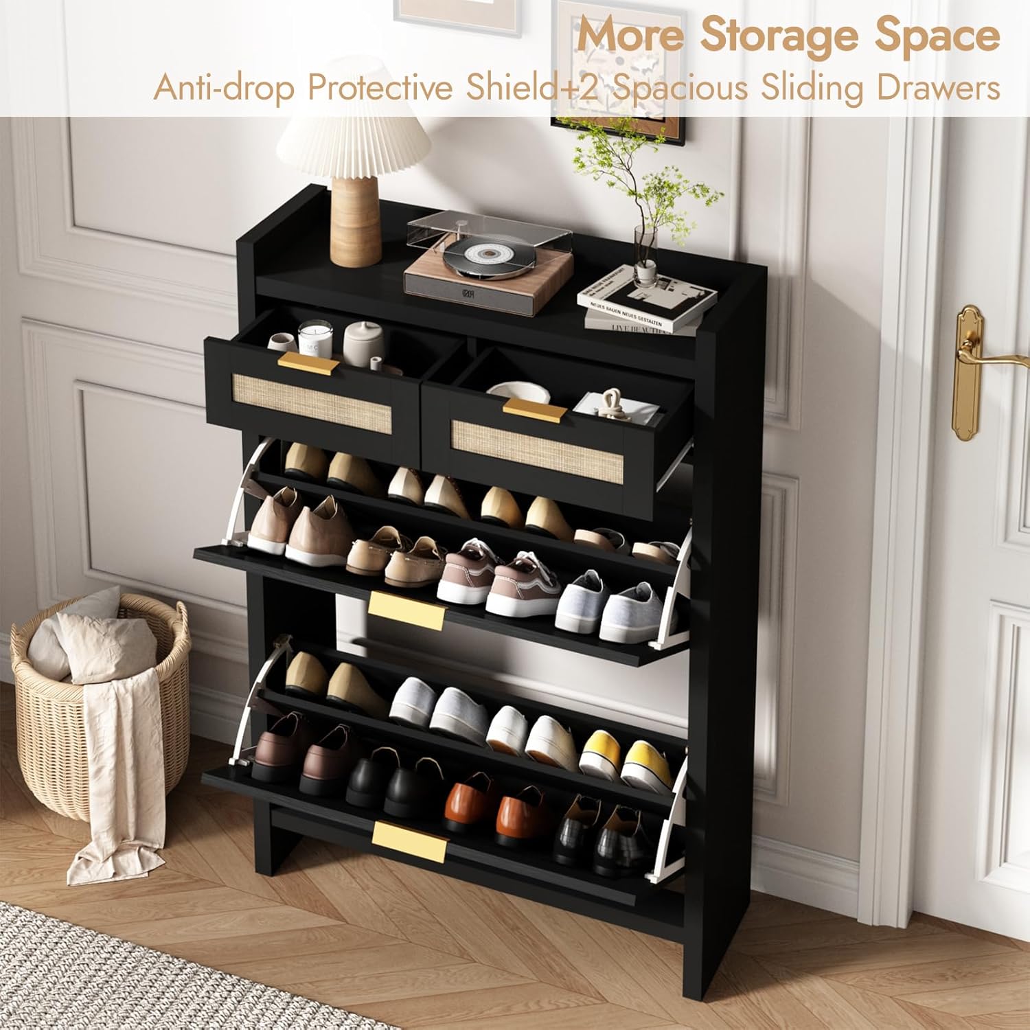 HOKYHOKY Rattan Shoe Storage Cabinet with 2 Drawers & 2 Flip Drawers – Hidden Slim Shoe Organizer for Entryway, Large Tabletop Space, Farmhouse Boho Narrow Shoe Rack, Rustic Black