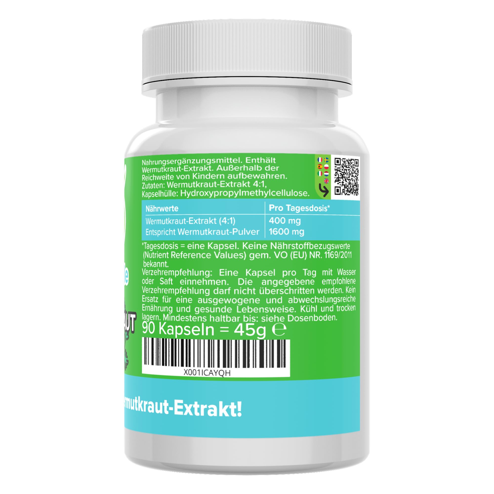 Wermutkraut Kapseln - hochdosiert 1600 mg (400 mg 4:1 Extrakt) - bioaktiv & vegan - 90 Kapseln - Produktion in Deutschland - ohne Zusätze & laborgeprüft - Vitamineule®
