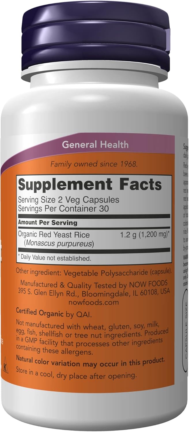 NOW Supplements, Red Yeast Rice 600 mg, Made with Organic Red Yeast Rice, 60 Veg Capsules : Health & Household