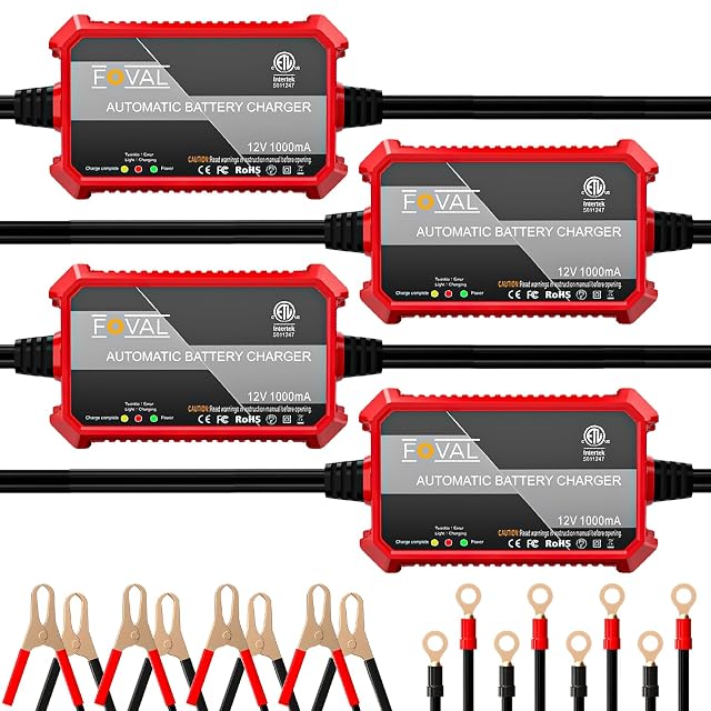 4-Pack FOVAL Fully Automatic Trickle Battery Charger 1000mA 12V Smart Car Battery Charger Battery Maintainer Float Charger for