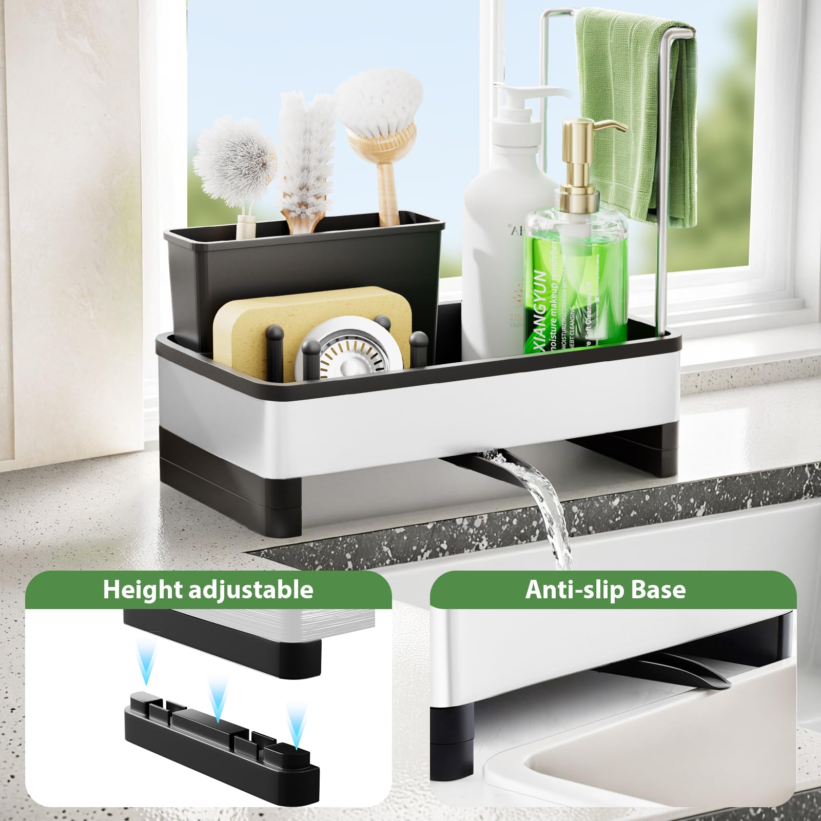 Alyvisun Grande Capacità Porta Spugne Lavello Cucina con Vaschetta di Scarico Autodrenante, Organizer Lavello Cucina in Acciaio Inossidabile, Accessori Multifunzionali per Cucina e Bagno