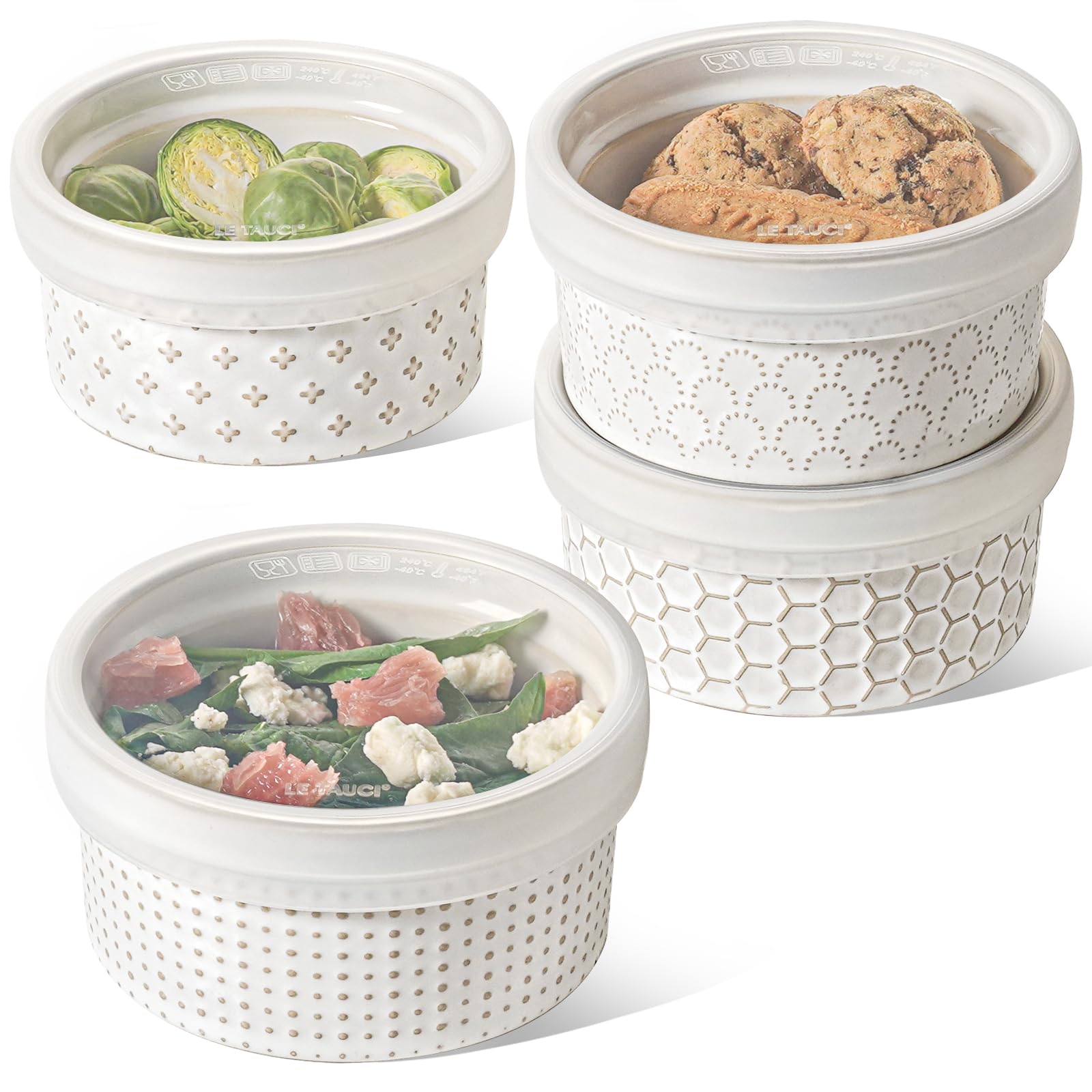 LE TAUCI Ramekins con tapas, juego de ramikin de 12 onzas para crema brulee, souffle, salsa de inmersión, recipiente de cerámica para almacenamiento de alimentos, 5 pulgadas, juego de 4, blanco ártico