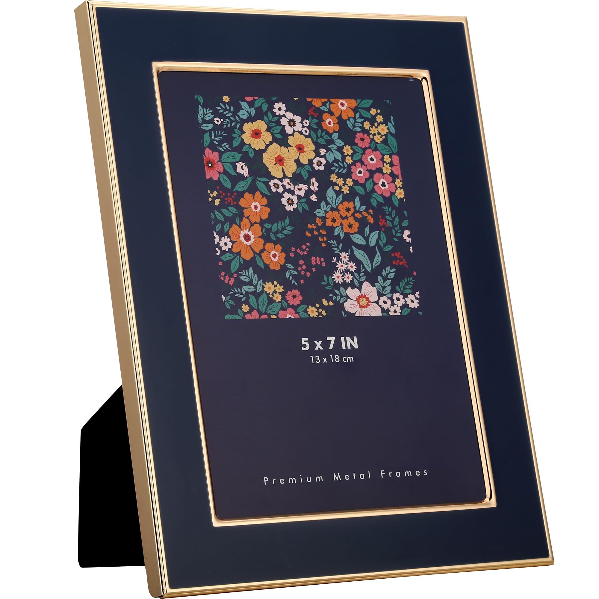 5x7'' Navy Blue Enamel Picture Frame,Gold Metal Edge with Real Glass and Premium Velvet Backing,for Wall and Tabletop Display Family Office Photo Gallery