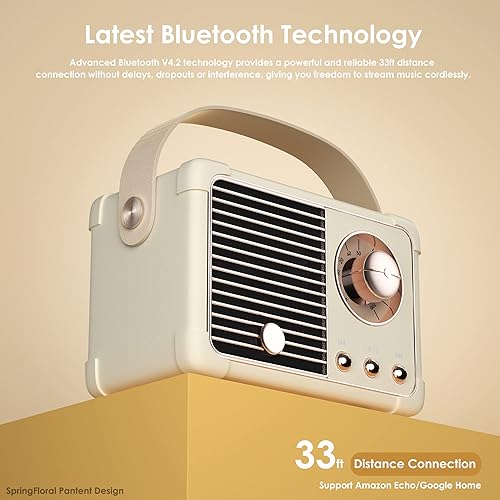 Miniatura 3 de SpringFlora Altavoz Bluetooth retro, altavoz pequeño inalámbrico vintage con sonido estéreo, llamada manos libres, batería de 400 mA, tarjeta TF,