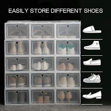 Shoe Storage Box, Foldable Shoe Organizer Boxes, White Plastic Closet Shoe Organizer with Transparent Cover, Free Standing Shoe Rack Easy Assembly Expandable for High Heels, Boots (20 Pair Shoes)