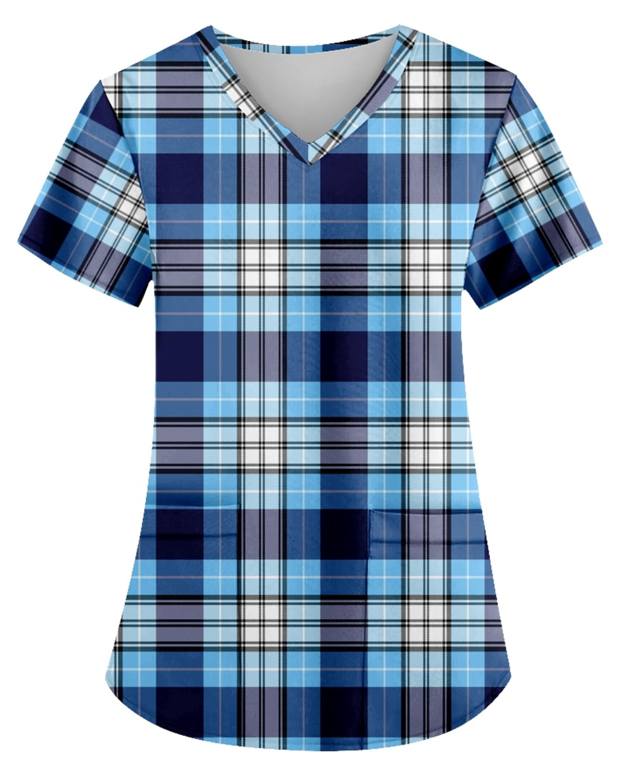 AMOMA Women's V-Neck Checkered Argyle Plaid Print Nurse Tops Short Sleeve Scrub Shirts with Two Pockets(2XL,BlueWhitePlaid)