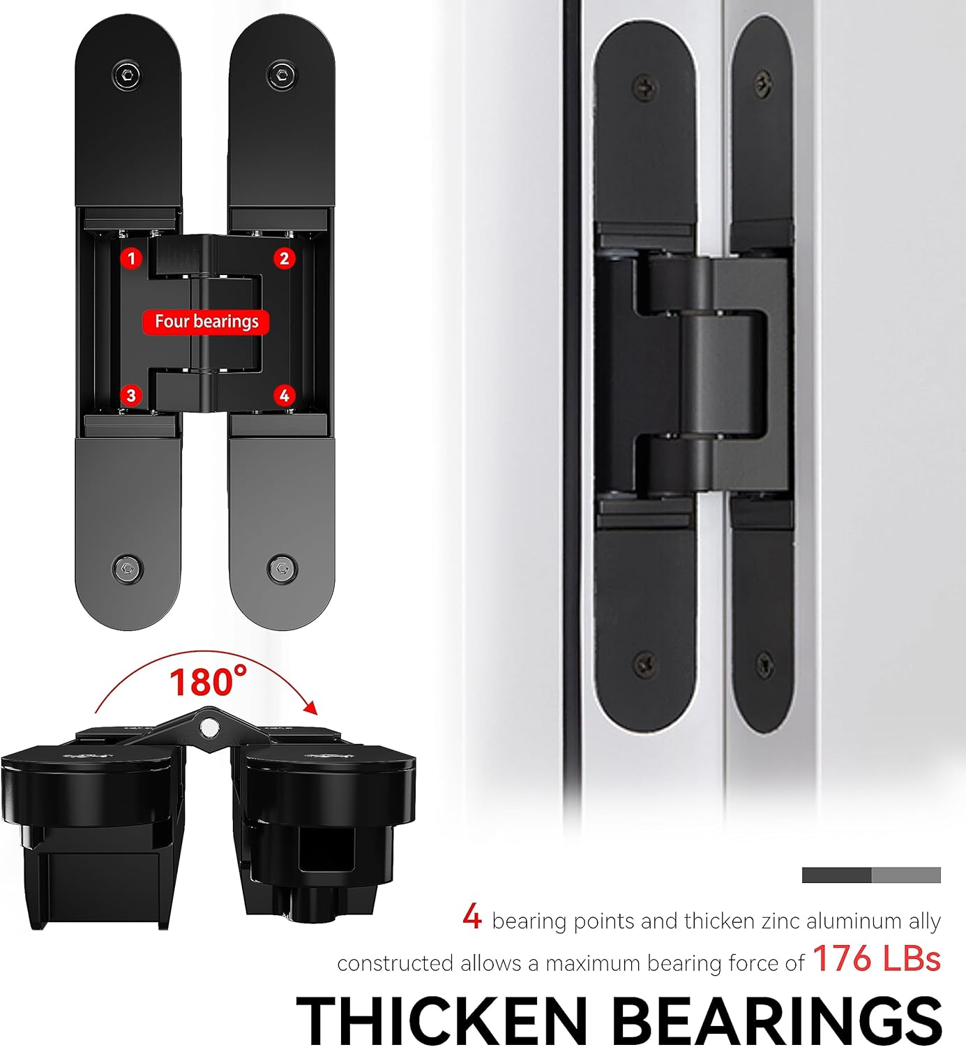 TOGU 1 Pair Black Hidden Hinges for Secret Door,Zinc Alloy Hinges can Swing 180 Degree, top Load Rating of 176 lbs for 2 Concealed Hinge，3-D Adjustable Invisible Door Hinge as Hinge kit