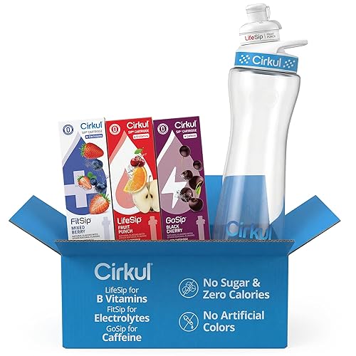 Cirkul 22oz. BPA-Free Plastic Water Bottle Starter Kit with Blue Lid, 3 Flavor Cartridges (1 LifeSip Fruit Punch, 1 FitSip Mixed Berry, 1 GoSip Black Cherry) Zero Calories and No Sugar