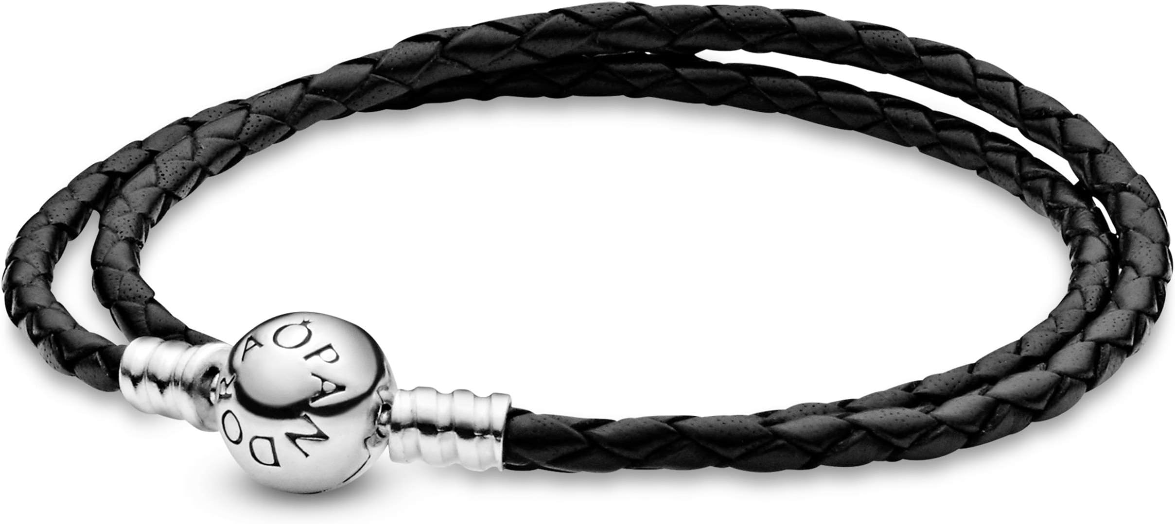 PANDORA Jewelry Black Leather Charm Sterling Silver Bracelet